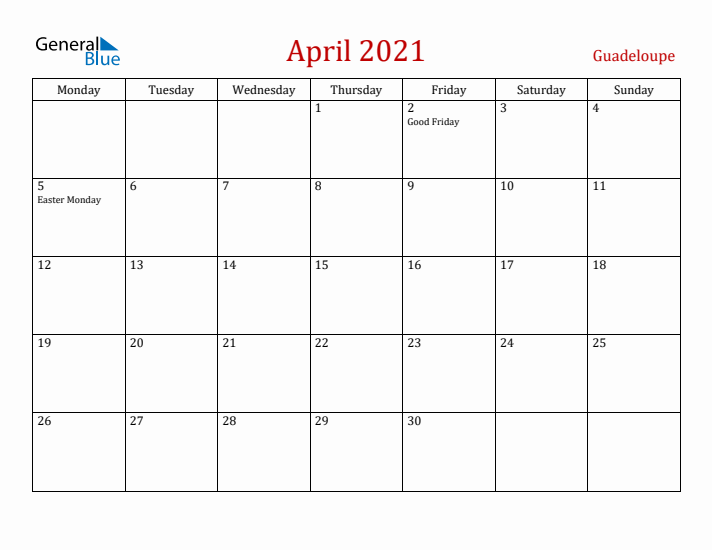 Guadeloupe April 2021 Calendar - Monday Start