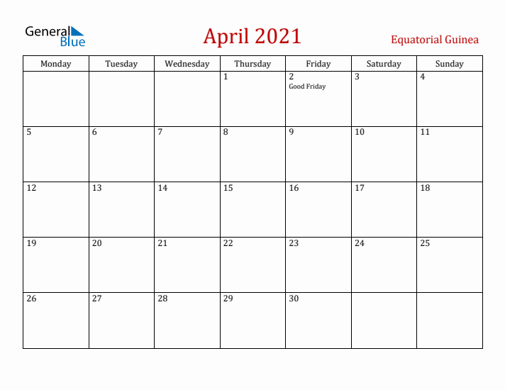 Equatorial Guinea April 2021 Calendar - Monday Start