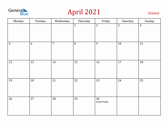 Greece April 2021 Calendar - Monday Start