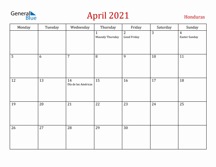 Honduras April 2021 Calendar - Monday Start