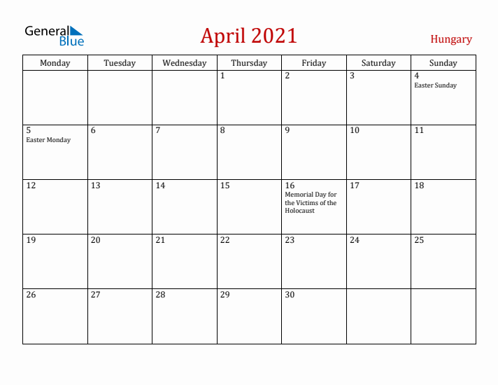 Hungary April 2021 Calendar - Monday Start