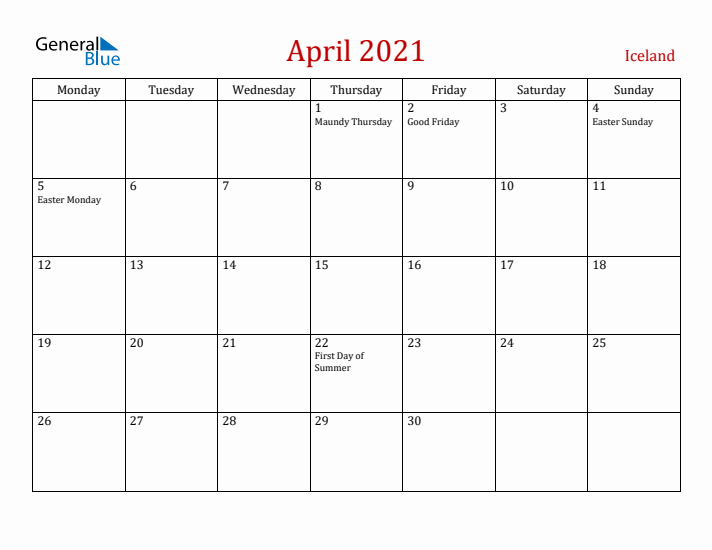 Iceland April 2021 Calendar - Monday Start