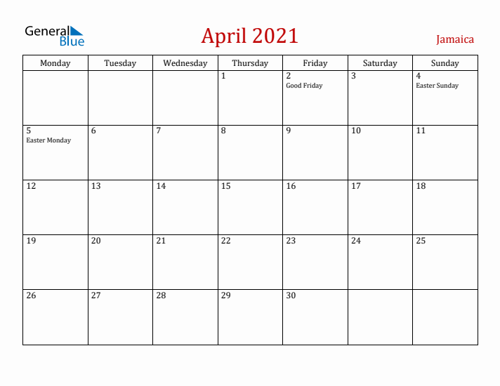Jamaica April 2021 Calendar - Monday Start