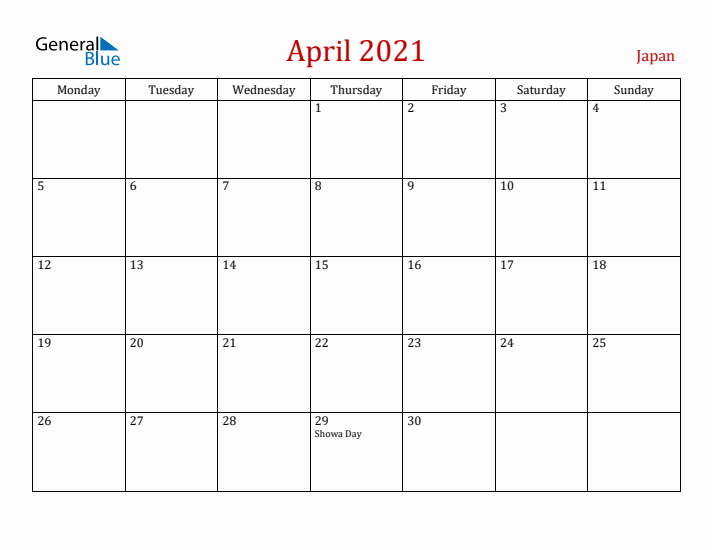 Japan April 2021 Calendar - Monday Start