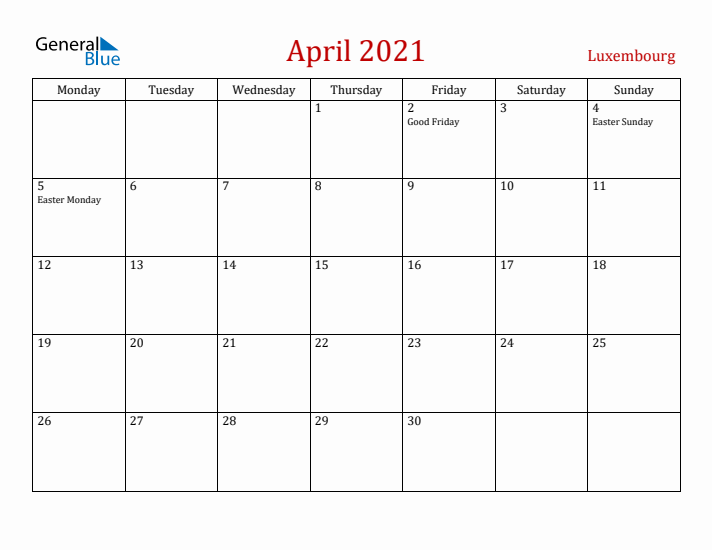 Luxembourg April 2021 Calendar - Monday Start