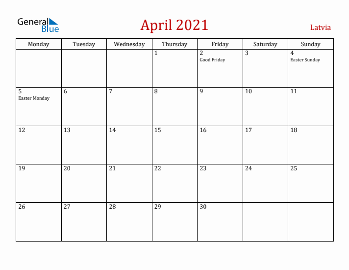 Latvia April 2021 Calendar - Monday Start