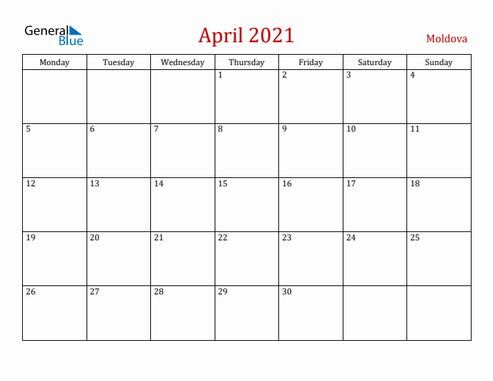 Moldova April 2021 Calendar - Monday Start