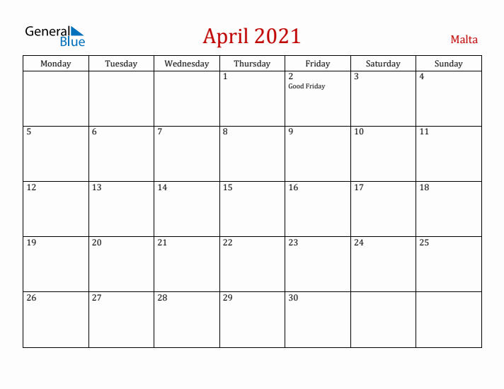 Malta April 2021 Calendar - Monday Start