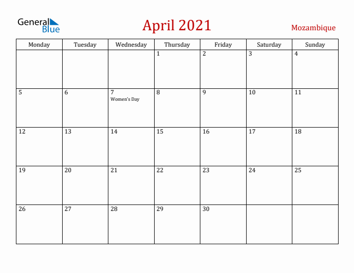 Mozambique April 2021 Calendar - Monday Start
