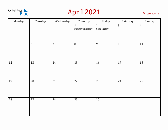 Nicaragua April 2021 Calendar - Monday Start