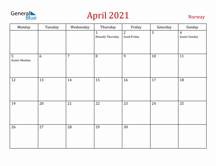 Norway April 2021 Calendar - Monday Start