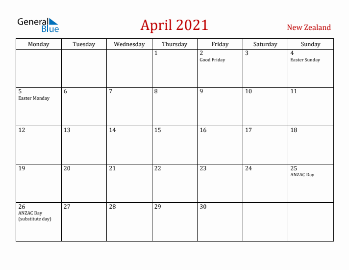 New Zealand April 2021 Calendar - Monday Start