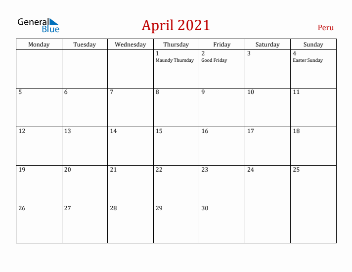 Peru April 2021 Calendar - Monday Start