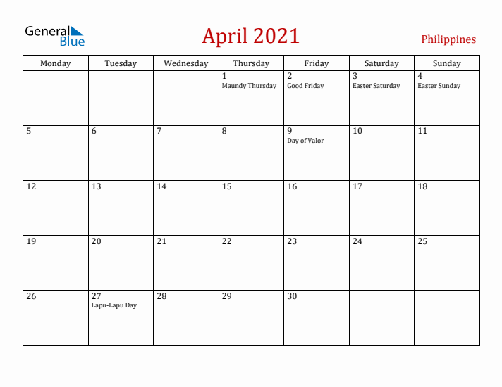 Philippines April 2021 Calendar - Monday Start