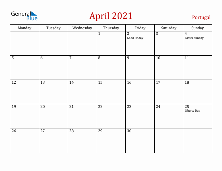 Portugal April 2021 Calendar - Monday Start