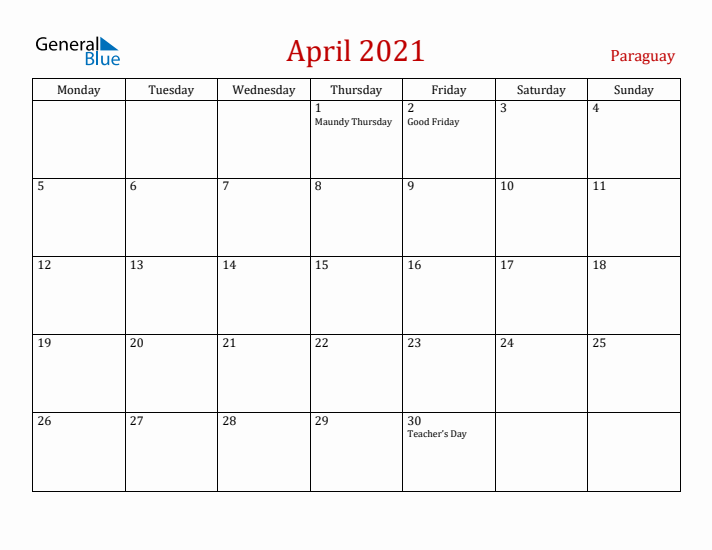 Paraguay April 2021 Calendar - Monday Start