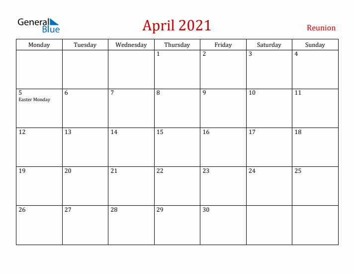Reunion April 2021 Calendar - Monday Start
