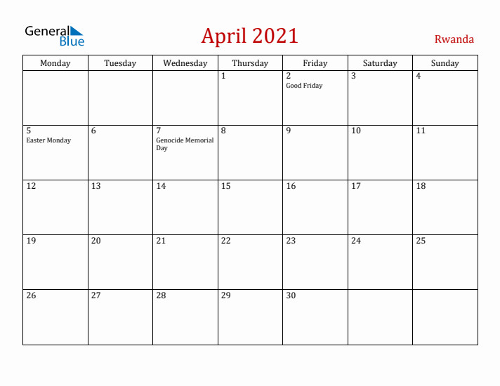 Rwanda April 2021 Calendar - Monday Start