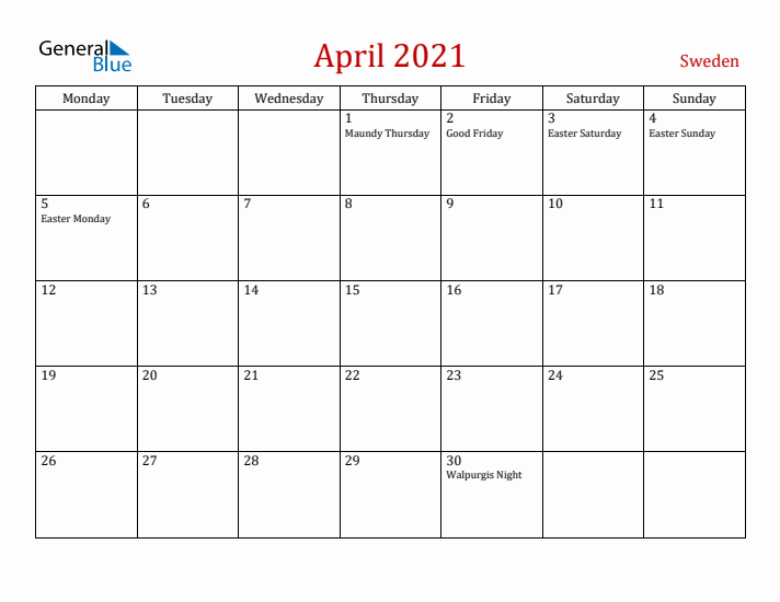 Sweden April 2021 Calendar - Monday Start