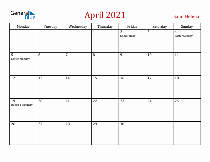 Saint Helena April 2021 Calendar - Monday Start