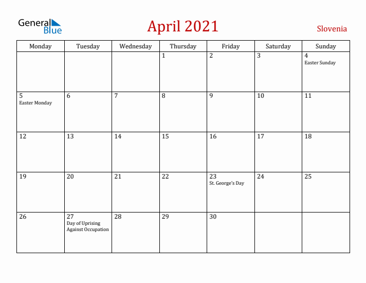 Slovenia April 2021 Calendar - Monday Start