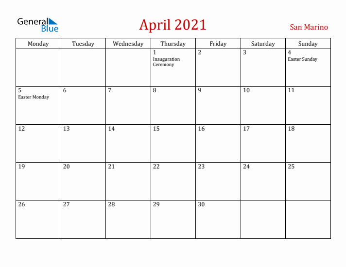 San Marino April 2021 Calendar - Monday Start