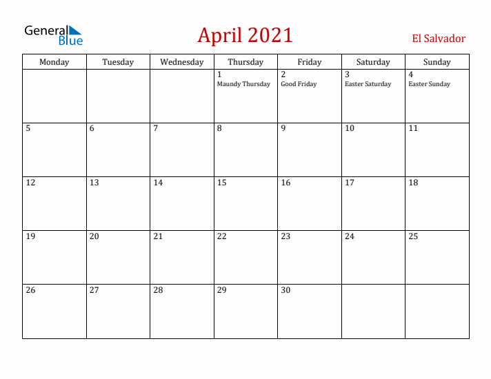 El Salvador April 2021 Calendar - Monday Start