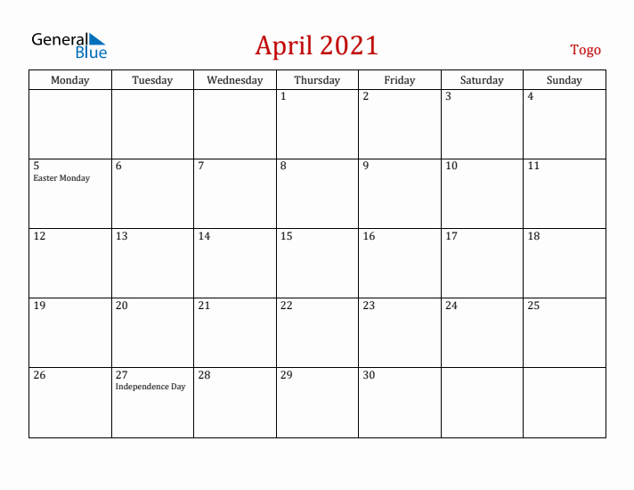 Togo April 2021 Calendar - Monday Start