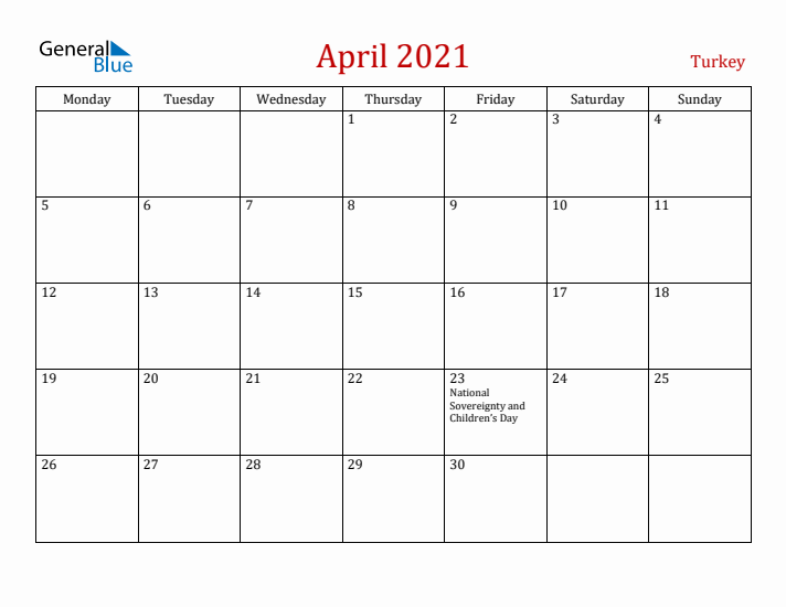 Turkey April 2021 Calendar - Monday Start
