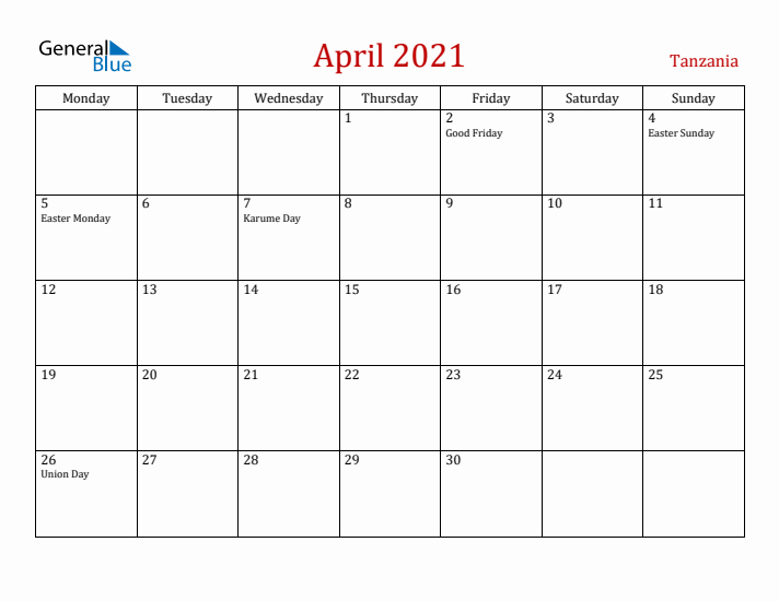 Tanzania April 2021 Calendar - Monday Start