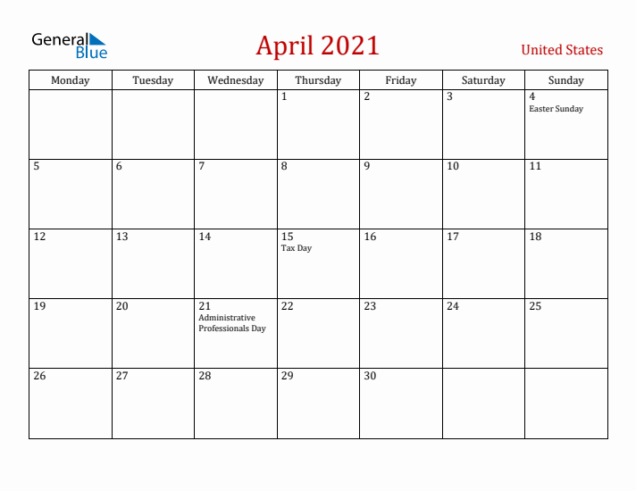 United States April 2021 Calendar - Monday Start