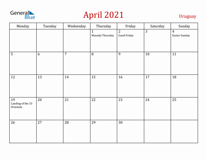 Uruguay April 2021 Calendar - Monday Start
