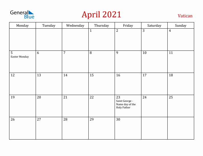 Vatican April 2021 Calendar - Monday Start