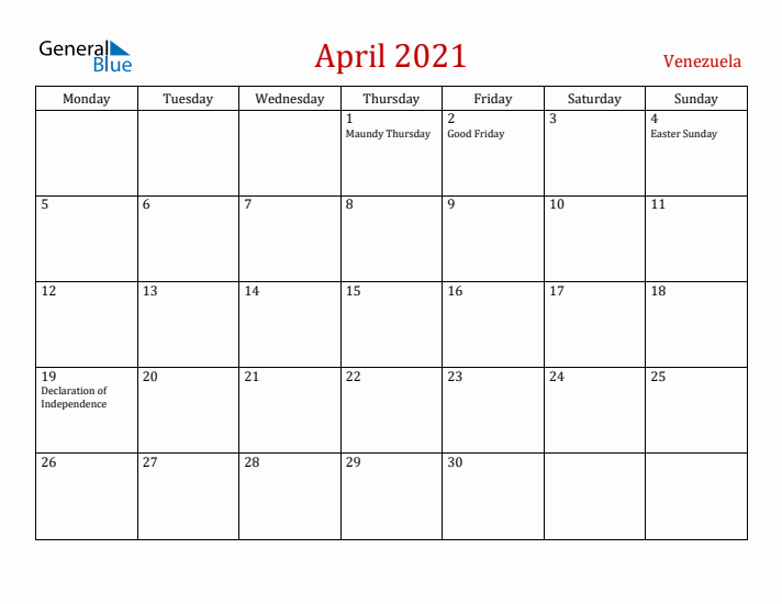 Venezuela April 2021 Calendar - Monday Start