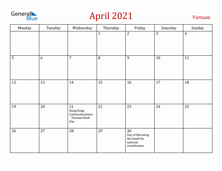 Vietnam April 2021 Calendar - Monday Start