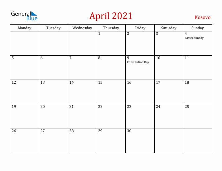 Kosovo April 2021 Calendar - Monday Start