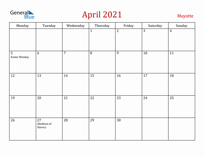 Mayotte April 2021 Calendar - Monday Start
