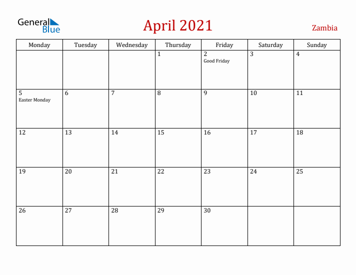 Zambia April 2021 Calendar - Monday Start