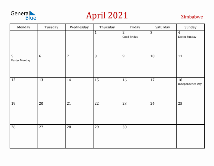 Zimbabwe April 2021 Calendar - Monday Start