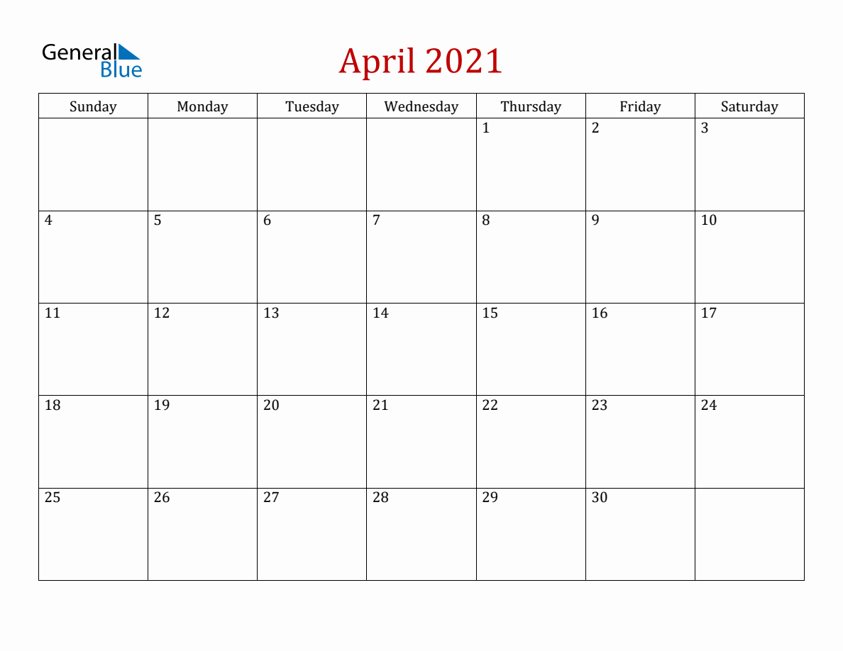 April 2021 Simple Calendar with Sunday Start