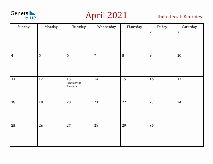 United Arab Emirates April 2021 Calendar - Sunday Start