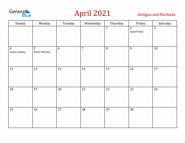 Antigua and Barbuda April 2021 Calendar - Sunday Start