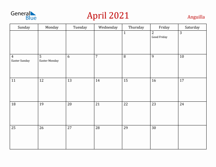 Anguilla April 2021 Calendar - Sunday Start