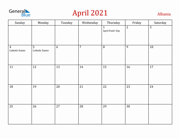 Albania April 2021 Calendar - Sunday Start