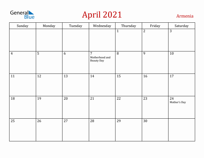 Armenia April 2021 Calendar - Sunday Start