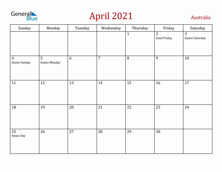 Australia April 2021 Calendar - Sunday Start
