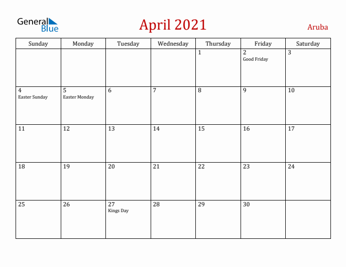 Aruba April 2021 Calendar - Sunday Start