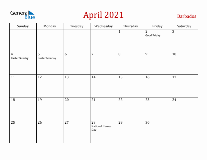 Barbados April 2021 Calendar - Sunday Start