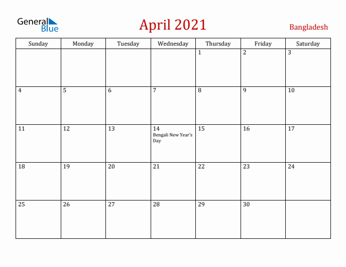 Bangladesh April 2021 Calendar - Sunday Start