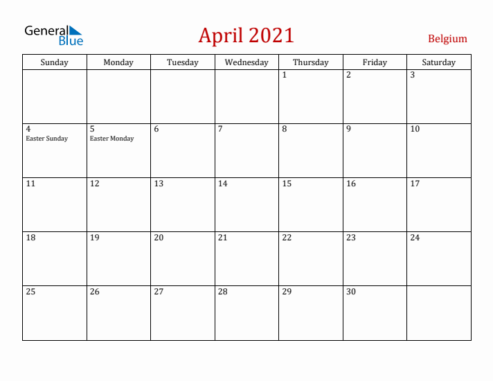 Belgium April 2021 Calendar - Sunday Start
